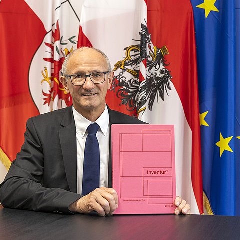 Landeshauptmann Anton Mattle zeigt die Publikation.