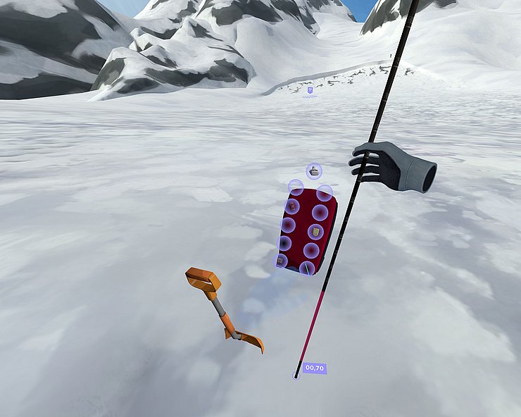 Aufnahme der Simulation (aus der Ego-Perspektive): am Lawinenkegel wird mit Sonde in Schnee gestochen