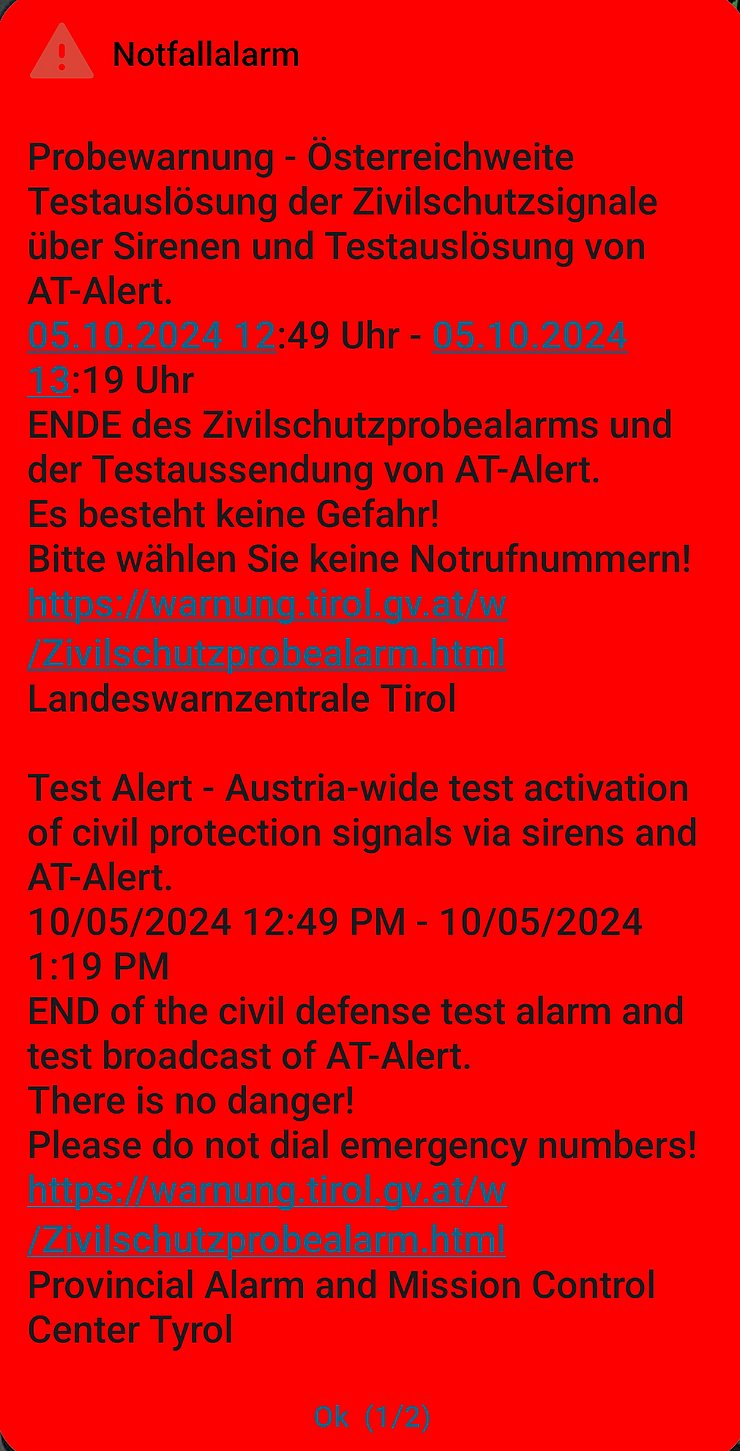 © Land Tirol Screeneshot Testwarnung AT-Alert