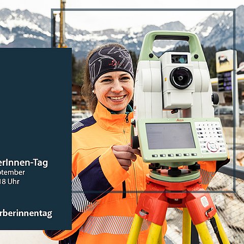 Das Sujet vom BewerberInnentag mit einer Frau in Warnkleidung, die eine Straße vermisst.