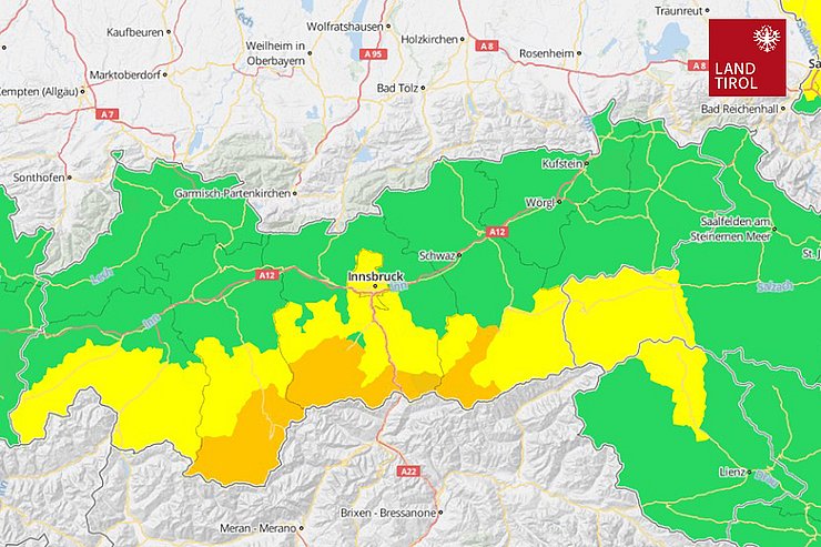 © GeoSphere Austria Karte mit eingezeichneten Warnungen