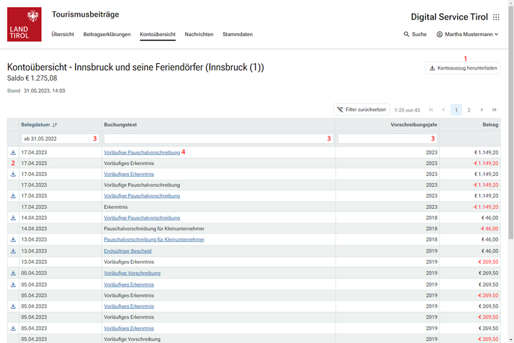 © Land Tirol In der Kontodetailansicht werden die einzelnen Buchungen im Mitgliedskonto - bzw wenn die Mitgliedschaft in mehreren Verbänden besteht - im ausgewählten Verband dargestellt.