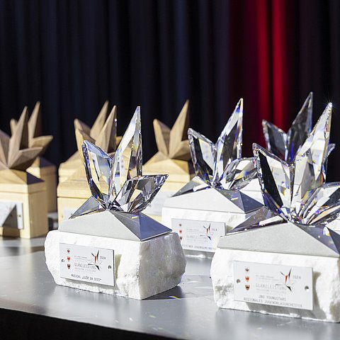 Mehrere Pokale stehen auf einem Tisch. 