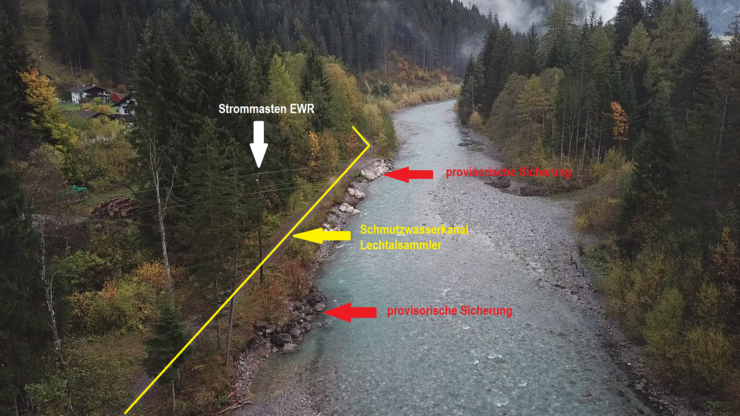 © Land Tirol/Reiter Schon vor ein paar Jahren musste man diesem Abschnitt provisorisch sichern. Eine Teil des Schmutzwasserkanales wurde damals schon freigelegt.
