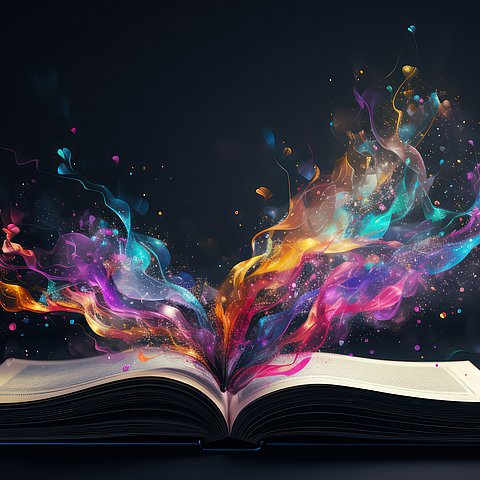 Offenes Buch, aus dem Farbe emporquillt.