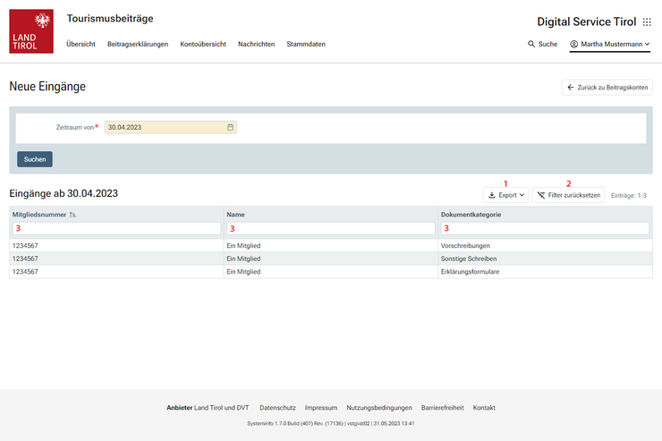 © Land Tirol Liste der Beitragskonten, zu denen seit dem gewählten Zeitpunkt Nachrichten eingelangt sind