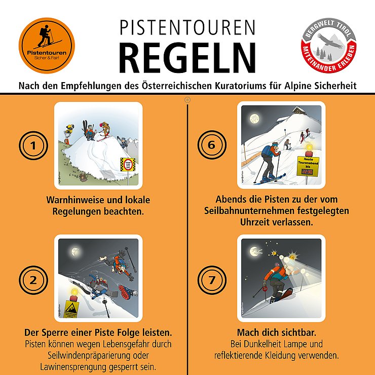 Vier der insgesamt zehn Regeln für Pistentourengehen.