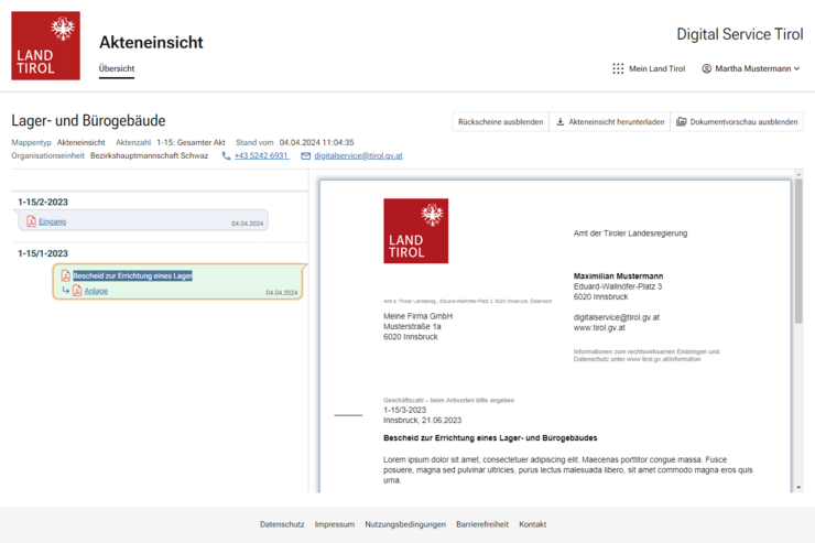In einer Dokumentenmappe werden Ihnen auf der linken Seite die Geschäftzahlen und Beschreibungen der Dokumente angezeigt. Auf der rechten Seite sehen Sie das jeweils ausgewählte Dokument.