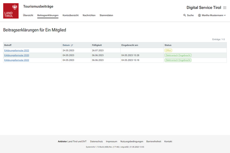 © Land Tirol Im Bereich "Beitragserklärungen" sind die Erklärungsformulare zum Tourismuspflichtbeitrag verfügbar.
