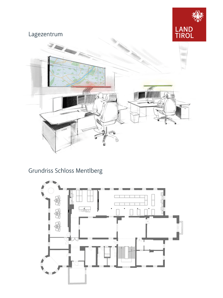 © Land Tirol Grundriss Schloss Mentlberg und Visualisierung des Lagezentrums