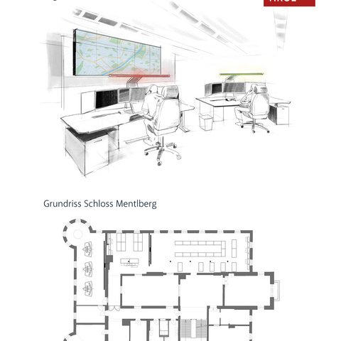 Grundriss Schloss Mentlberg und Visualisierung des Lagezentrums