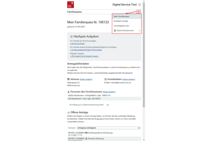 Übersichtsseite des Service Familienpass in der Darstellung auf Smartphones. Die Hauptmenüpunkte Mein Familienpass, Erledigte Anträge und Vorteilsgeberinnen werden unter einem Menü zusammengefasst, welches rechts oben über das Symbol mit den drei Balken erreichbar ist.