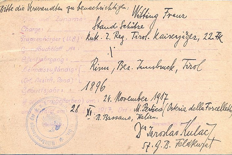© Land Tirol / Tiroler Landesarchiv Feldpostkarte mit Todesnachricht 1917