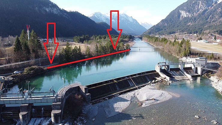 © Land Tirol/Reiter Übersicht über den zu sanierenden Bereich (rot markiert).