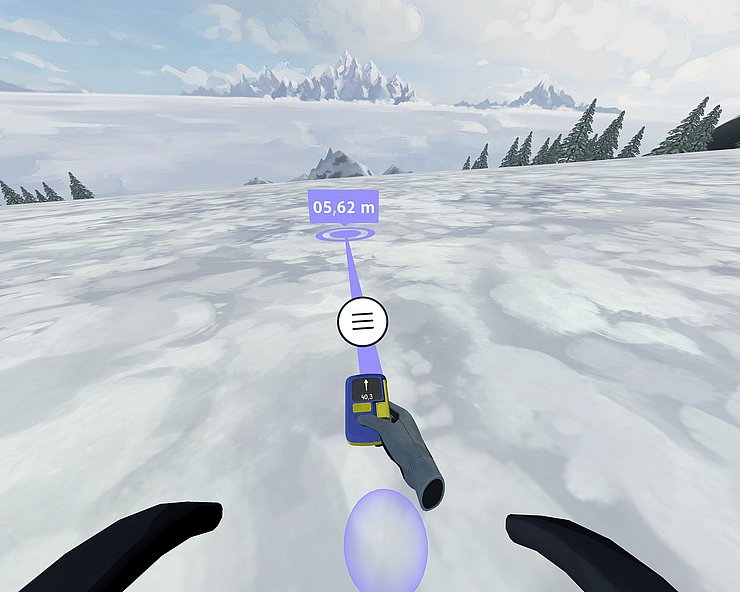 Aufnahme der Simulation (aus der Ego-Perspektive): am Lawinenkegel; LVS-Gerät zeigt Richtung der verschütteten Person an