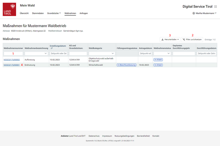 Menüpunkt Maßnahmen des Services Mein Wald mit Darstellung einer Tabelle zur Anzeige aller Maßnahmen betreffend des Waldbetriebs.