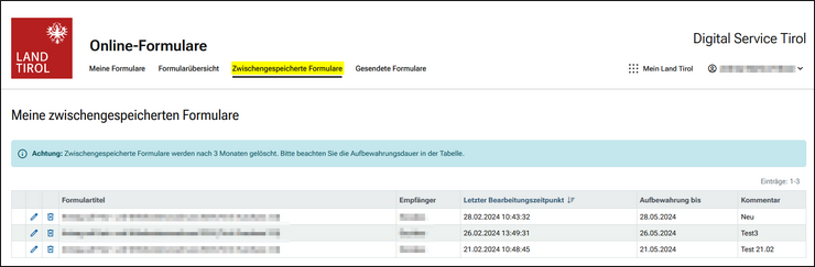Reiter Zwischengespeicherte Formulare