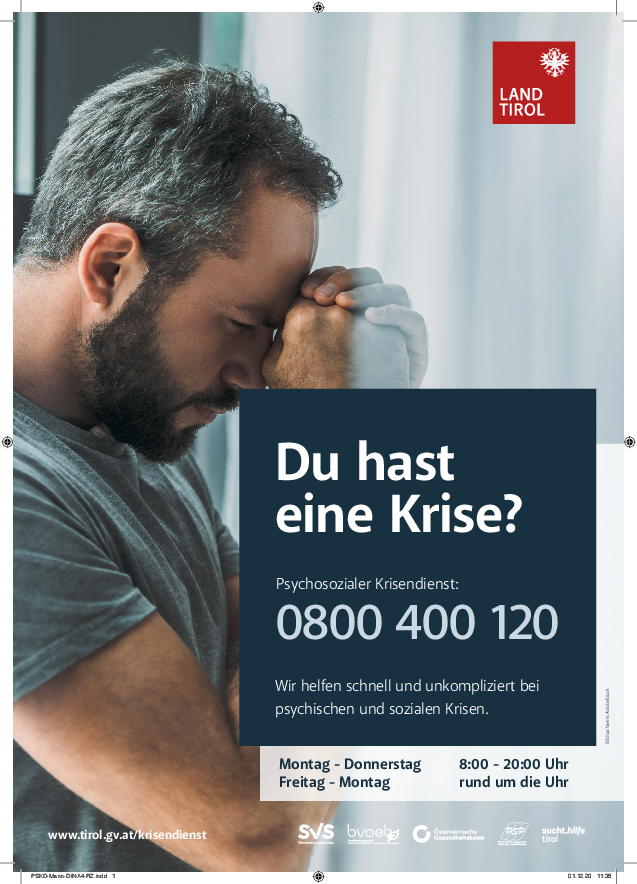 © Land Tirol Mit Plakaten wird auf das Angebot des Psychosozialen Krisendienstes aufmerksam gemacht.