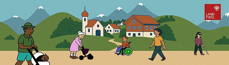 Symbolbild einer Gemeinde und ihrer Bürger*innen. Im Hintergrund ein Tiroler Dorf, im Vordergrund unterschiedliche Personen, zum Teil Menschen mit Behinderungen.