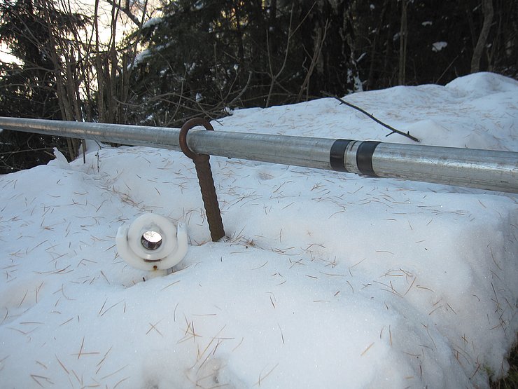 Schubstangen in Metallösen mit Spiegel und Markierung zur Feststellung der Geländebewegung