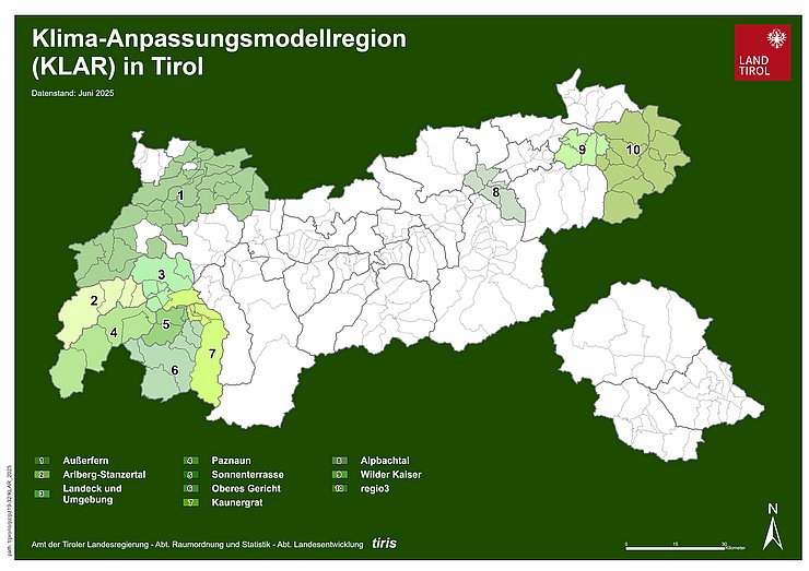 © Land Tirol Karte der Klimawandel-Anpassungsmodellregionen (KLAR!) in Tirol
