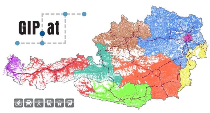 © GIP.at Graphik: GIP.at Logo und Karte mit Straßen- und Wegenetz Österreich.