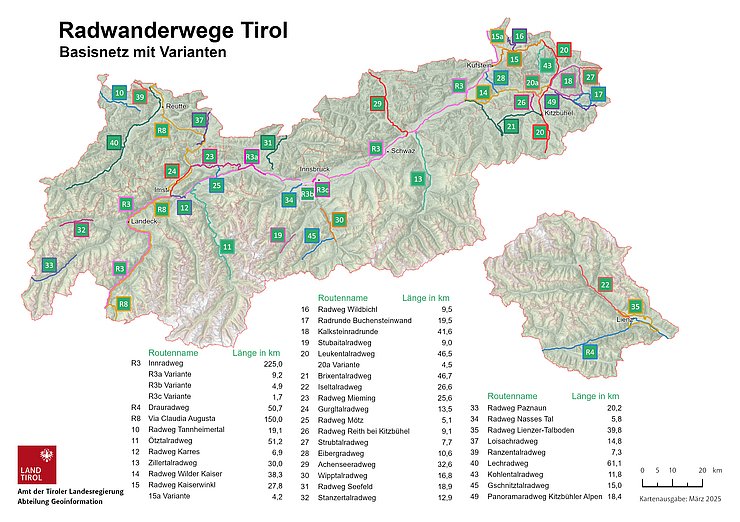 © Land Tirol/Abt. Geoinformation Karte: Basisnetz Radwanderwege: Kartographische Darstellung der Radwanderwege in Tirol.