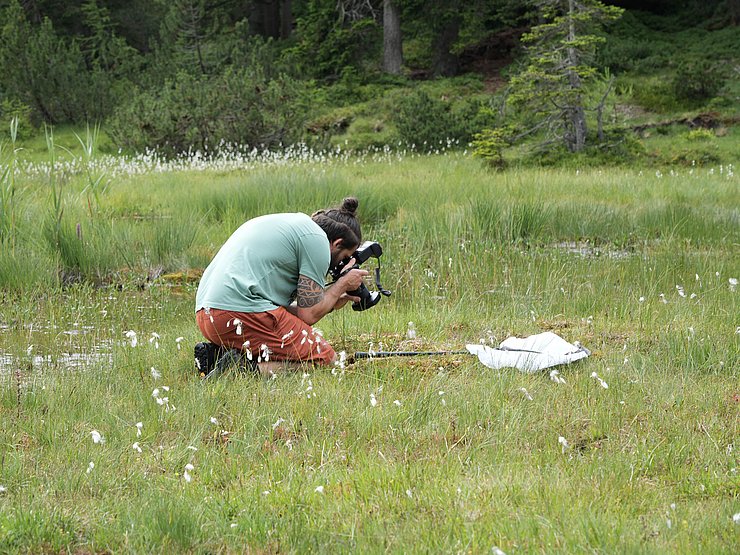 Mann kniet im Gras und fotografiert