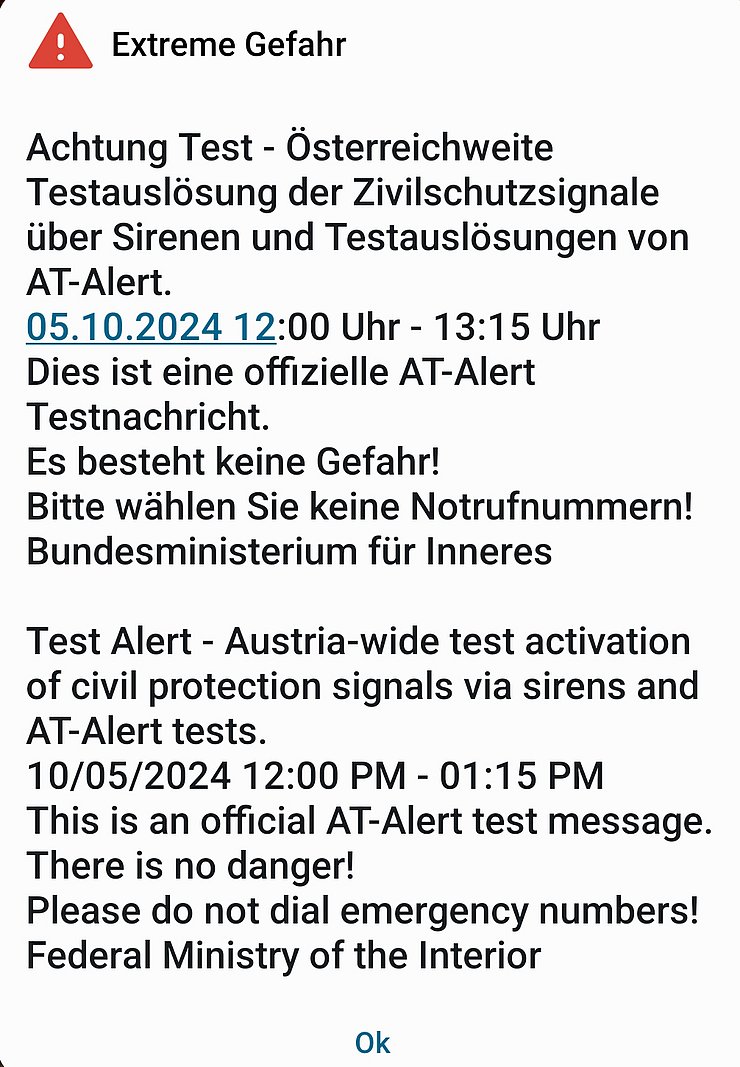 © Land Tirol Screenshot der Testwarnung AT-Alert