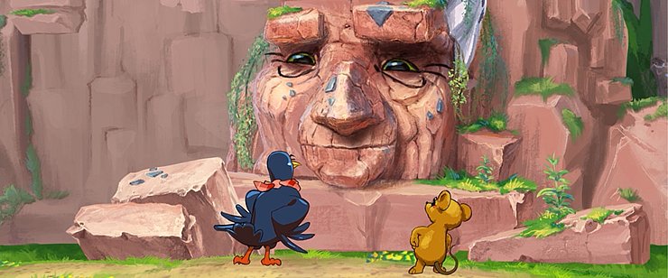 Die drei Hauptfiguren des Animationsfilms (Jochi die Jochdohle, Maus die Maus und Breki die Brekzie) stehen zusammen und reden.