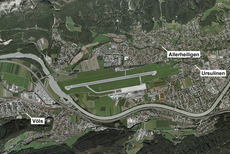 © Land Tirol Lageplan mit den drei Fluglärmmessstellen