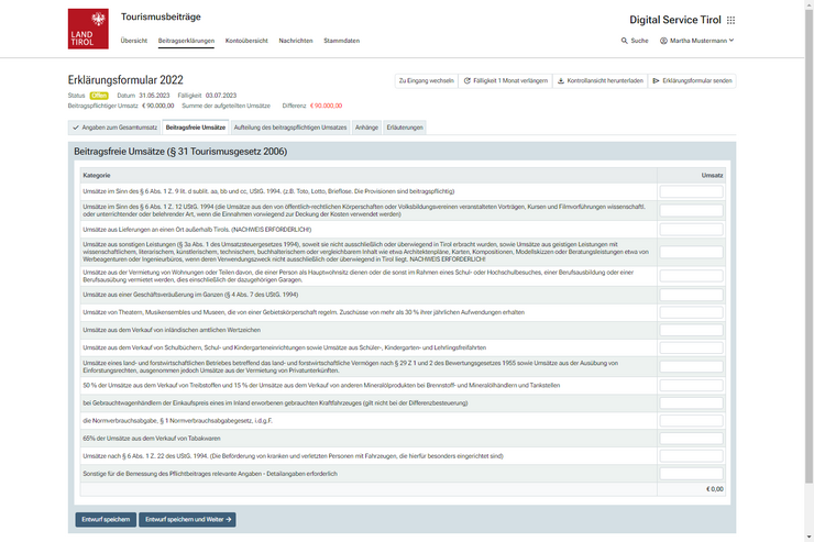 © Land Tirol Im Reiter "Beitragsfreie Umsätze" des Formulars sind die beitragsfreien Umsatzbestandteile zu erklären. Je nach getroffenen Angaben sind Dokumente anzuhängen oder weitere Erläuterungen abzugeben.