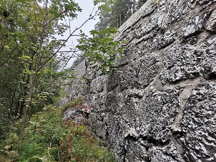 Der Riss entlang der Steinblöcke im unteren Bereich der talseitigen Stützmauer auf der Fernpassstraße im Bereich nach der Kurve "Wendung" (Kilometer 8,3).
