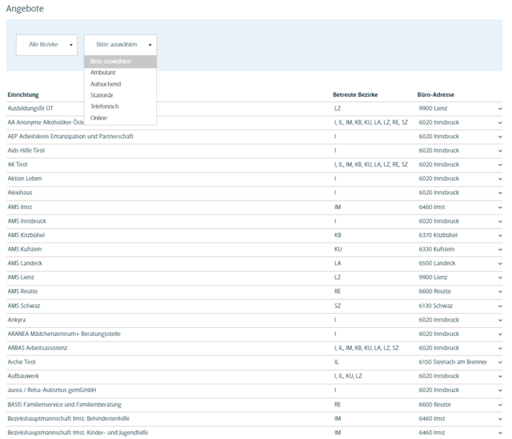 Screenshot Angebotsliste mit Filtermöglichkeit