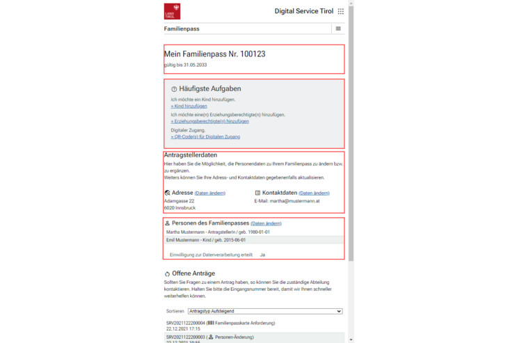 Die Ansicht Mein Familienpass.