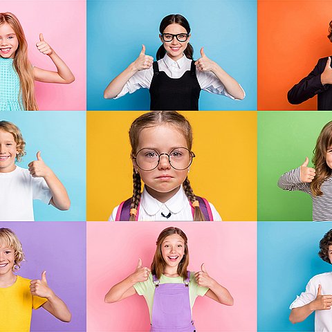 Fotomontage mit neun Kindern, eines davon unglücklich