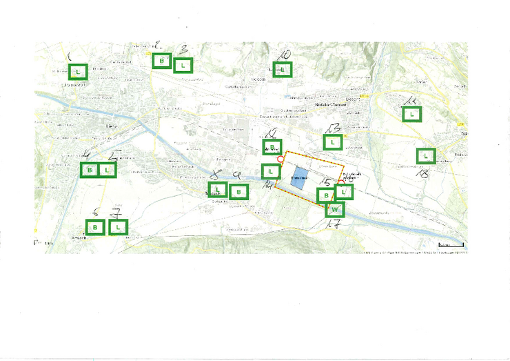 18 Standorte der Beprobungen nach Brandgeschehen in Nußdorf-Debant