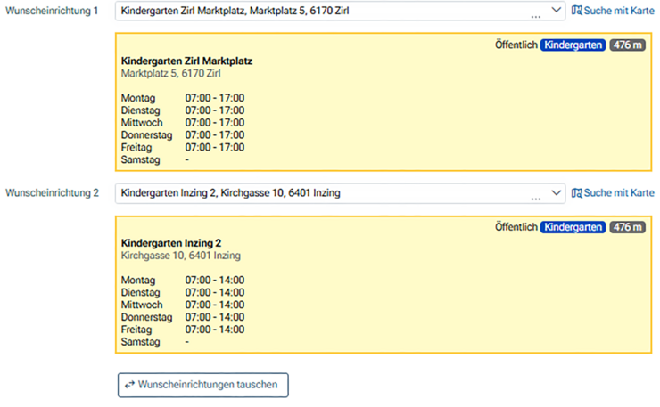 © Land Tirol Veranschaulichungsbeispiel: Im Register „Einrichtung“ können bis zu zwei Wunscheinrichtungen angegeben werden.