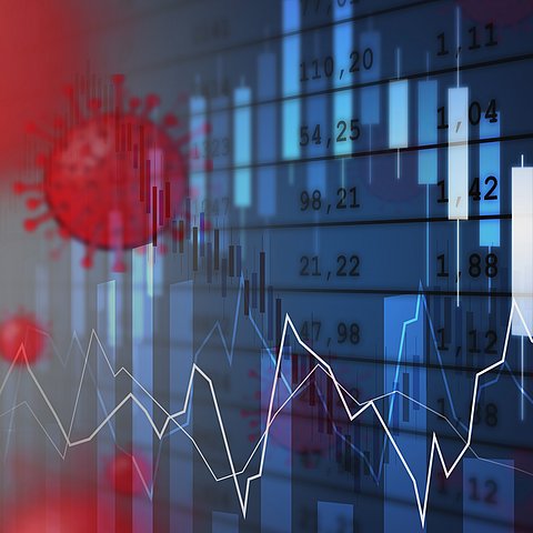 Symbolische Abbildung von Coronaviren vor Zahlen und Diagrammen.