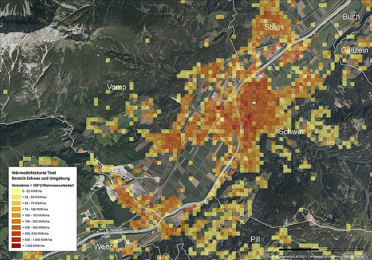 © Land Tirol/tiris Satellitenaufnahme Schwaz mit farbigen Markierungen; Screenshot tiris map