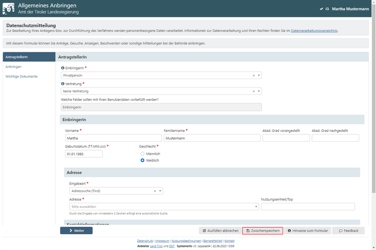 Ansicht eines zum ausfüllen geöffneten Formulars mit Markierung der Aktion "Zwischenspeichern" im rechten oberen Bereich.