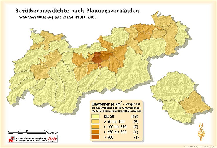 © Land Tirol - tiris Karte Bevölkerungsdichte Tirol