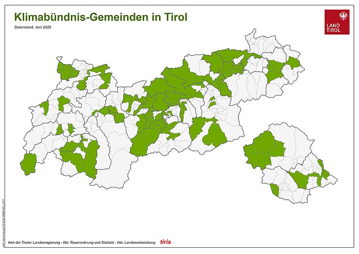 © Klimabündnis Tirol Karte, die alle Klimabündnis Gemeinden, Betriebe, Bildungseinrichtungen und Pfarren in Tirol darstellt.