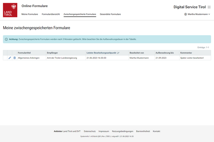 Ansicht der Seite "Zwischengespeicherte Formulare"