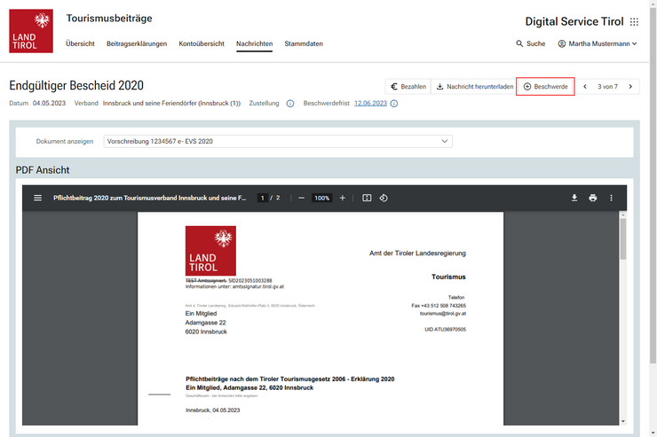 © Land Tirol Über den Button "Beschwerde" rechts oben kann eine Beschwerde gegen den gewählten Bescheid angelegt werden.