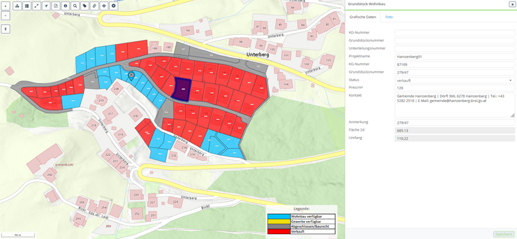 Screenshot Ansicht mehrerer Grundstücke in verschiedenen Farben markiert
