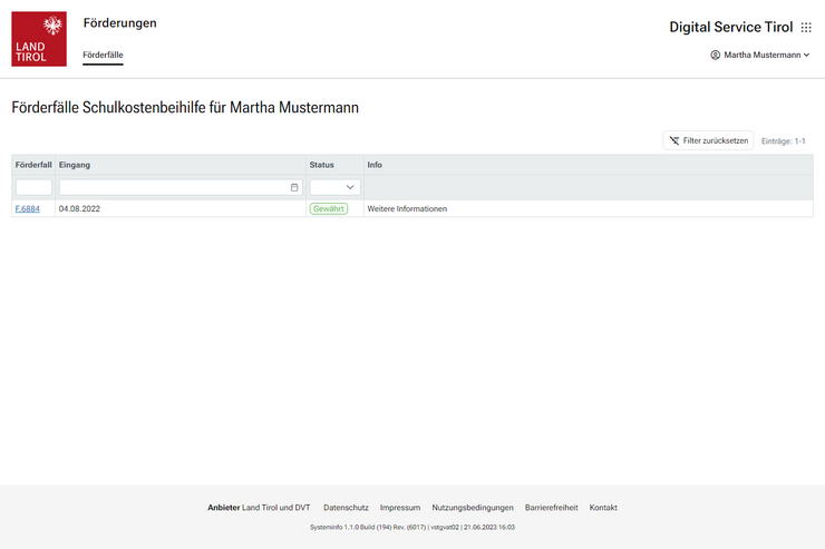 Förderübersicht mit tabellarischer Auflistungen aller Förderungen einer Förderart. Es werden Inforrmationen über Förderfall-Nummer, Eingangsdatum, Status und ggf. weitere Informationen zur Förderung angezeigt. Weitere Details können durch klicken auf Förderfall geöffnet werden.