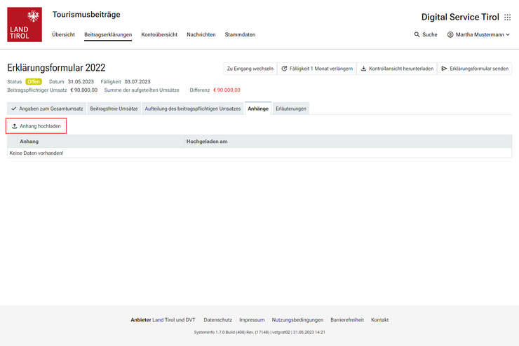 © Land Tirol Im Reiter "Anhänge" können ergänzende Dokumente hochgeladen werden. Einige Angaben bei den beitragsfreien Umsatzbestandteilen erfordern zwingend das Anhängen von weiteren Dokumenten.