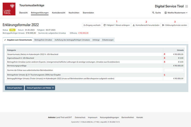© Land Tirol Im Reiter "Angaben zum Gesamtumsatz" ist der Gesamtumsatz aufzuschlüsseln. Wenn verfügbar, ist diese Seite schon mit Angaben aus einem der Behörde übermittelten Umsatzsteuerbescheid vorbefüllt.