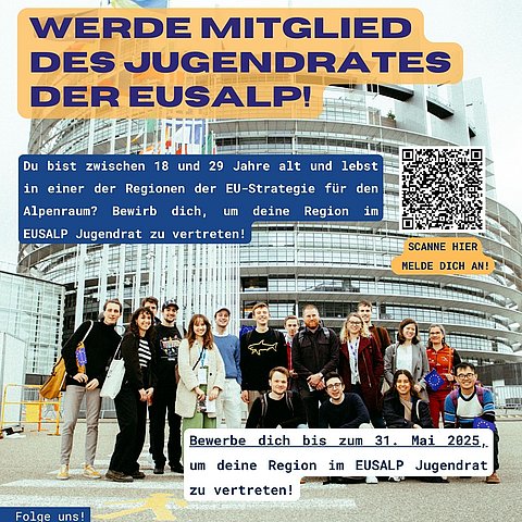 Poster mit Text und Bild - zeigt Gruppe Jugendlicher vor EU-Geäbude